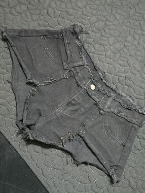 Black Distressed Denim Cutoff Shorts with Stud Accents